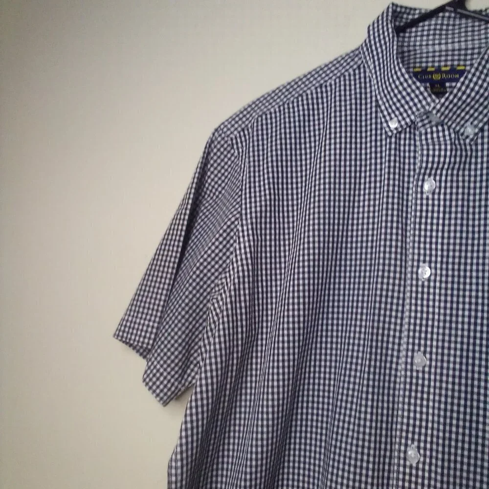 Club Room Shirt Men XL Button Down Short Sleeve Plaid Gingham Black White